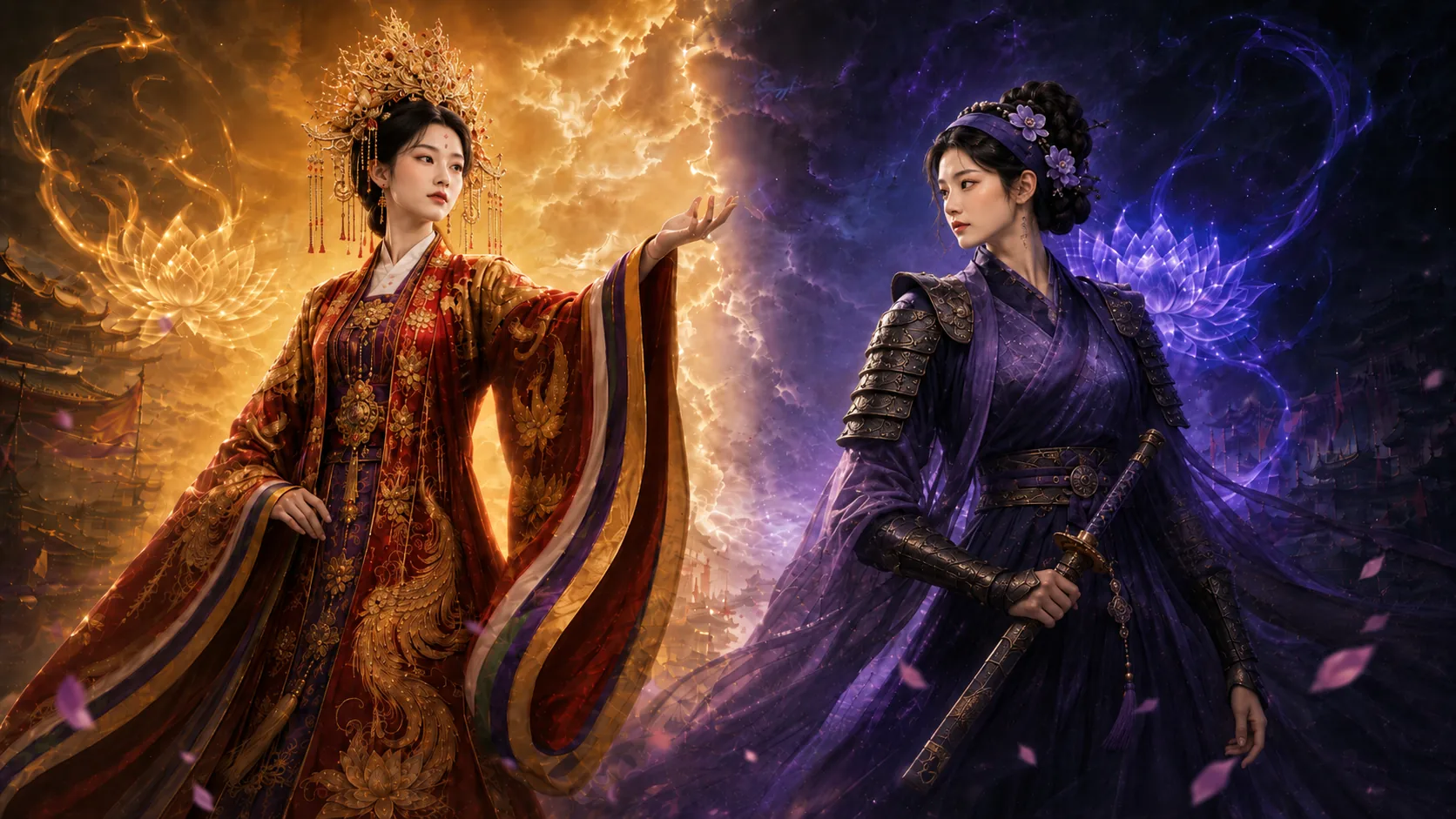 Hai nhân vật fantasy với hiệu ứng ánh sáng vàng và tím